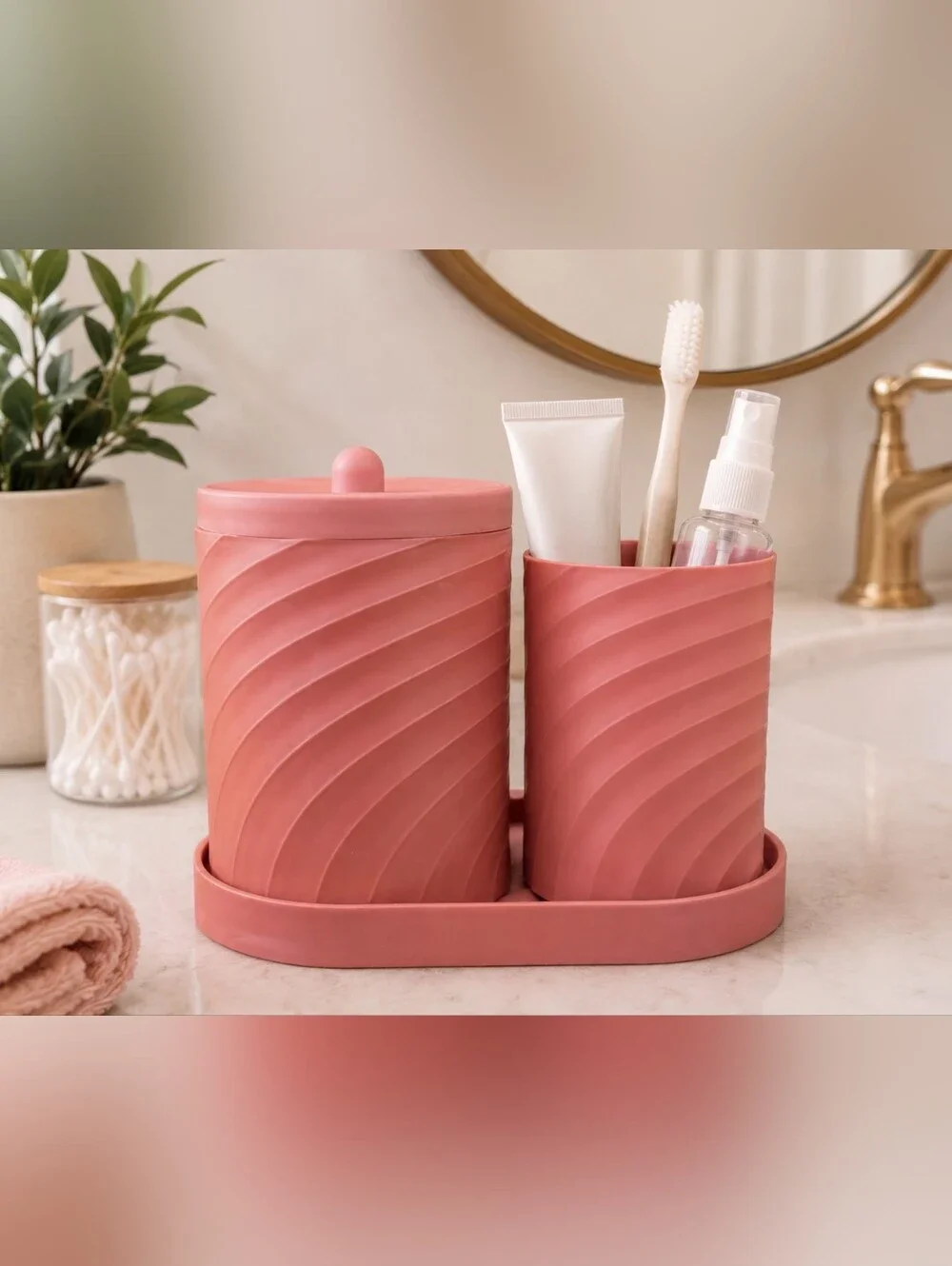 Pink Bathroom Vanity Canister Set w Tray Modern Countertop Organizer NWT